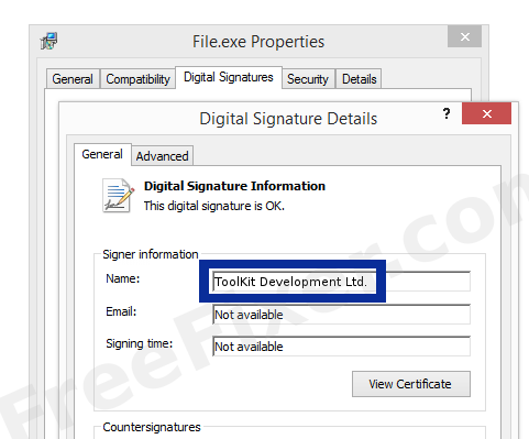 Screenshot of the ToolKit Development Ltd. certificate